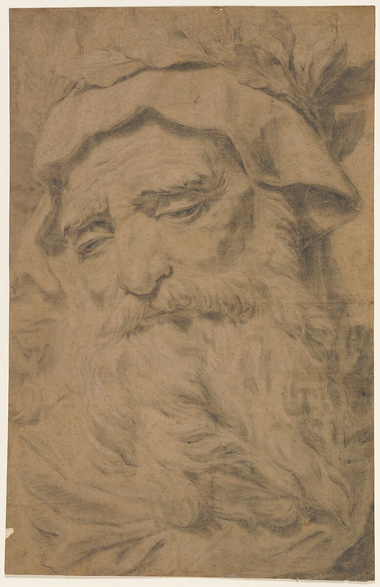 Head of a Bearded Old Man Wearing a Laurel Crown, Antoine François Callet (French, Paris 1741–1823 Paris) Attributed to, Black chalk, heightened with white chalk 