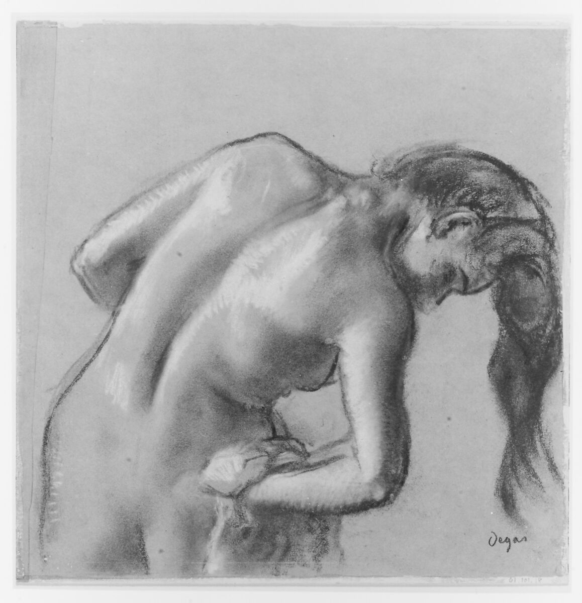 Bather Drying Herself, Edgar Degas (French, Paris 1834–1917 Paris), Charcoal and pastel, heightened with white chalk, on tracing paper (mounted on cardboard)