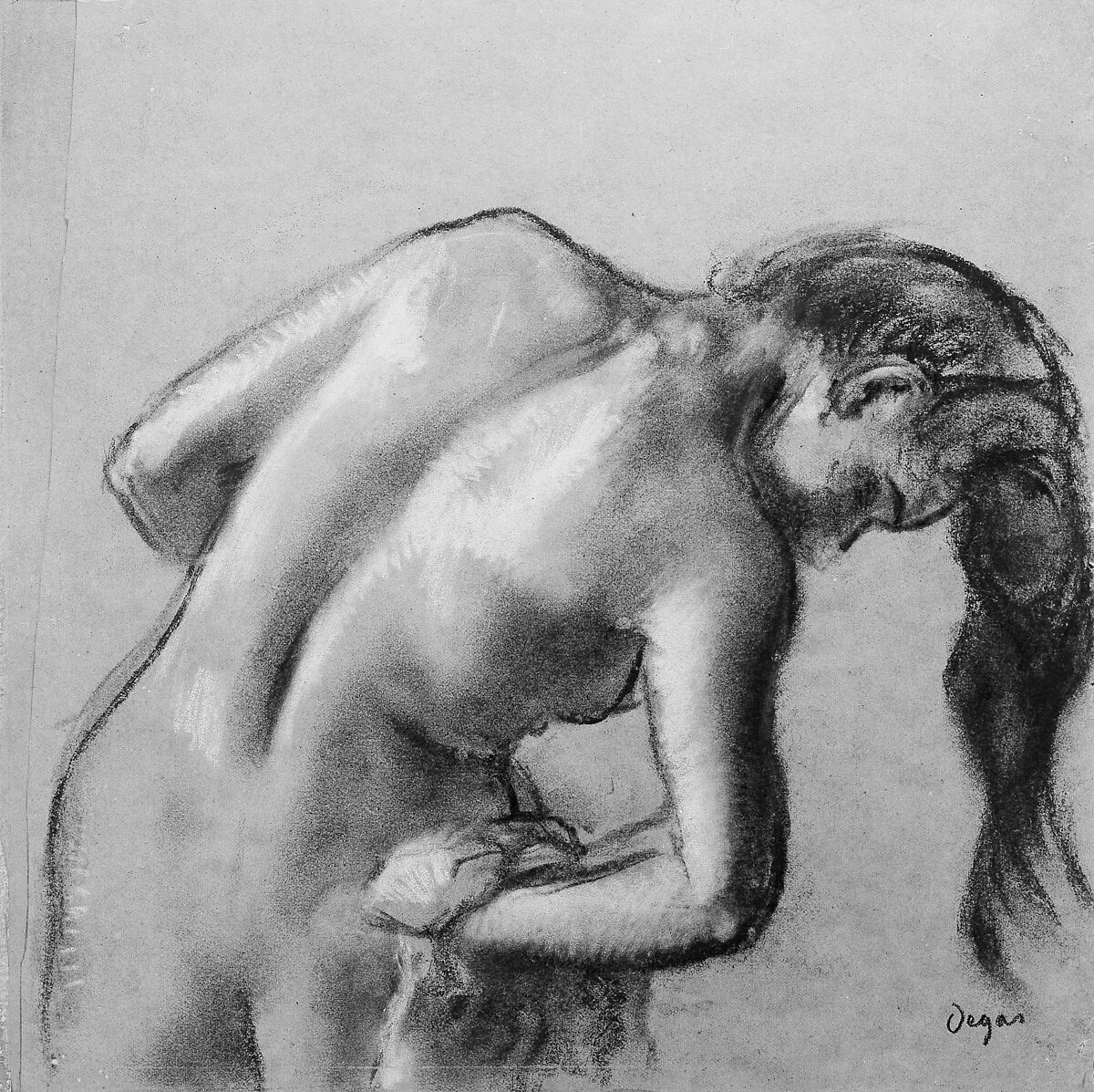 Bather Drying Herself, Edgar Degas (French, Paris 1834–1917 Paris), Charcoal and pastel, heightened with white chalk, on tracing paper (mounted on cardboard)