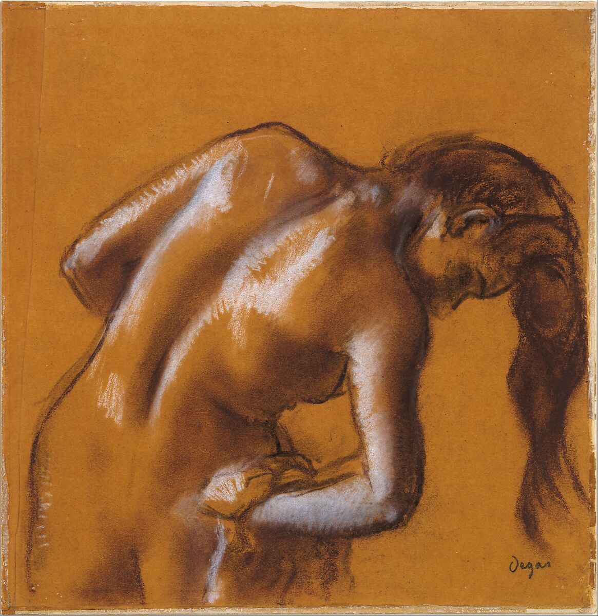 Bather Drying Herself, Edgar Degas (French, Paris 1834–1917 Paris), Charcoal and pastel, heightened with white chalk, on tracing paper (mounted on cardboard)