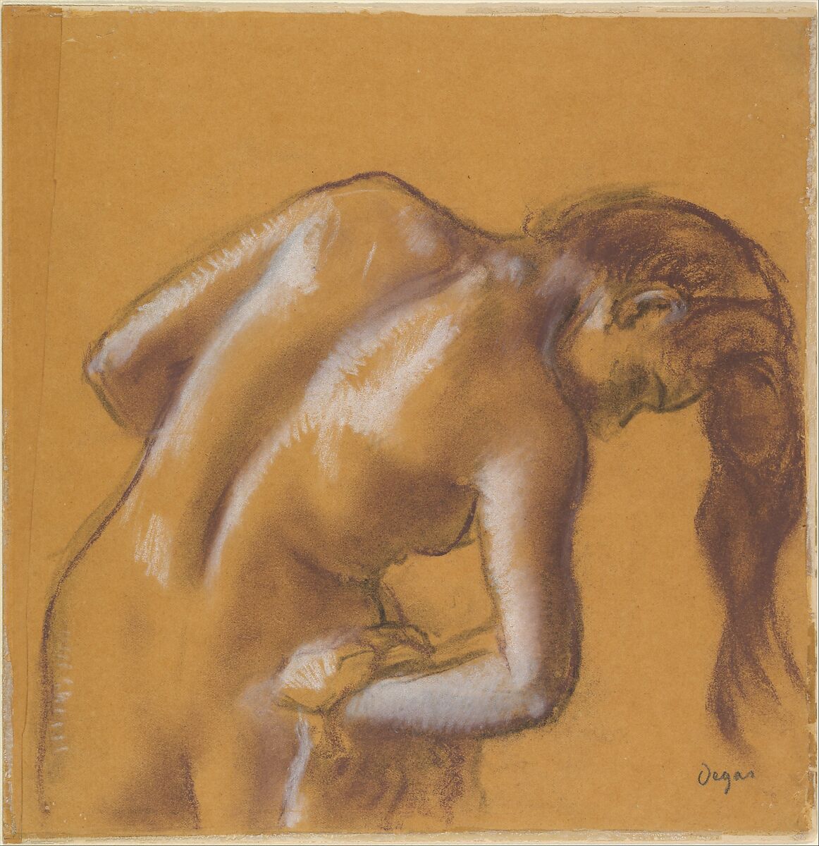 Bather Drying Herself, Edgar Degas (French, Paris 1834–1917 Paris), Charcoal and pastel, heightened with white chalk, on tracing paper (mounted on cardboard) 