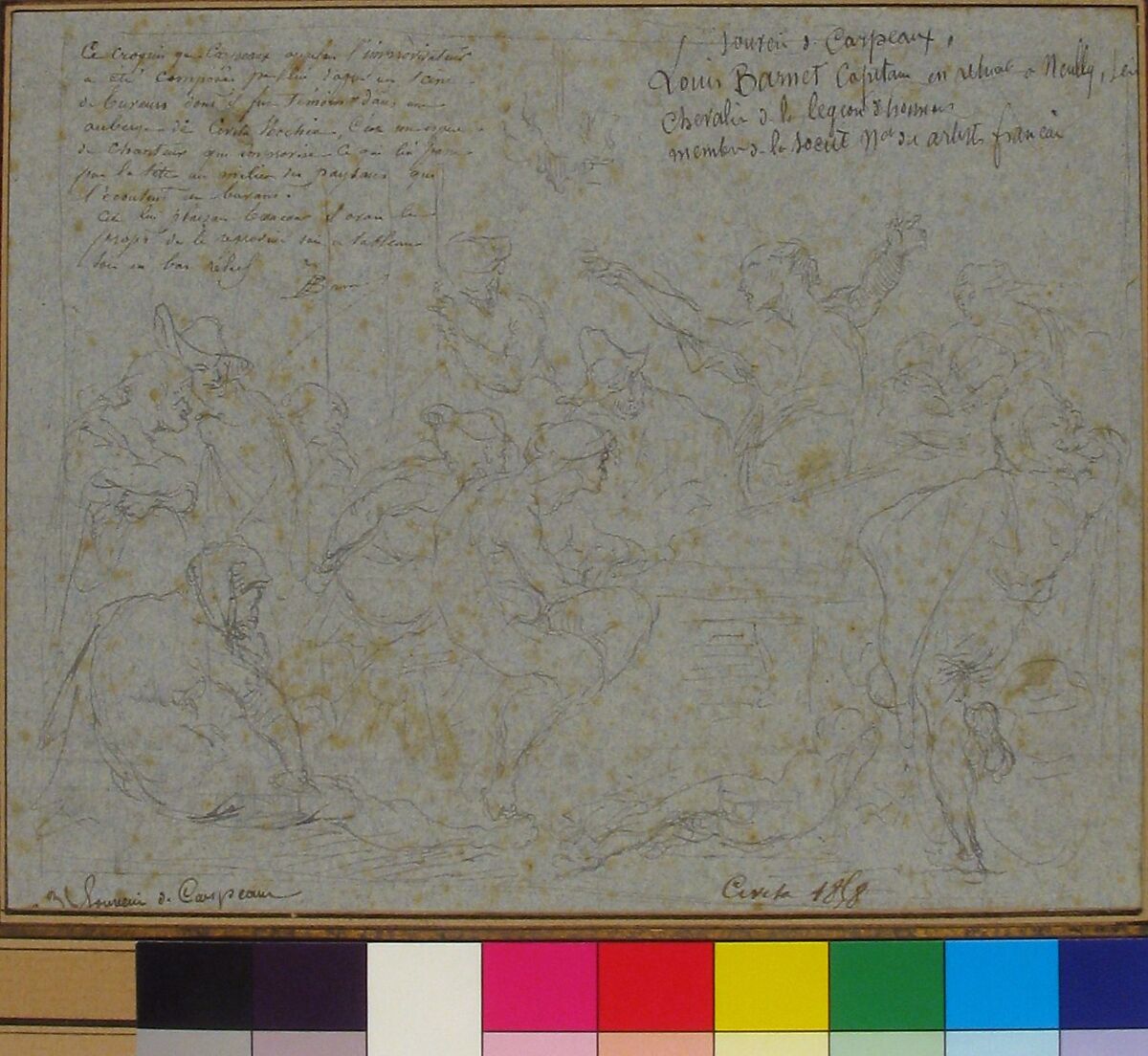 Scene in a Tavern at Civita Vecchia, Jean-Baptiste Carpeaux (French, Valenciennes 1827–1875 Courbevoie), Pen and black ink on blue paper