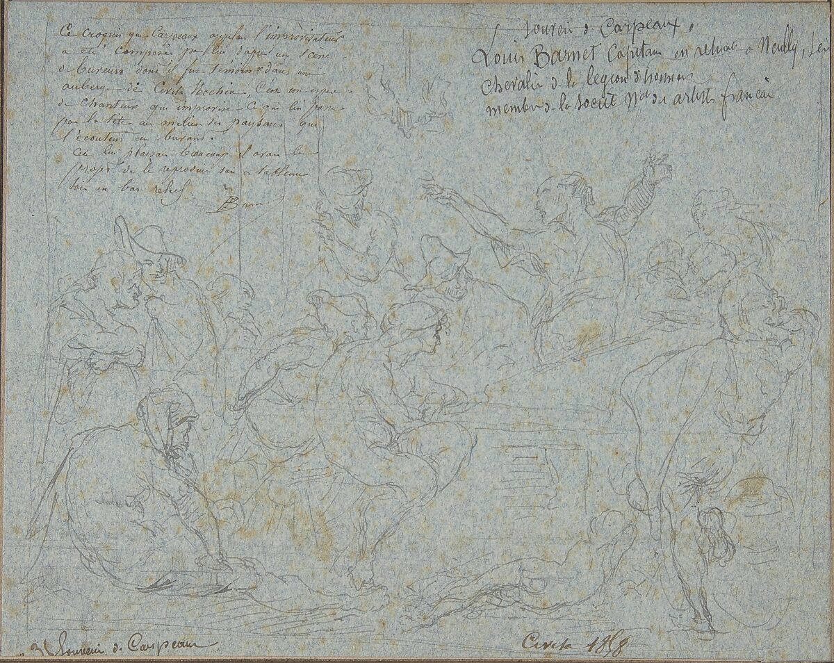 Scene in a Tavern at Civita Vecchia, Jean-Baptiste Carpeaux (French, Valenciennes 1827–1875 Courbevoie), Pen and black ink on blue paper 