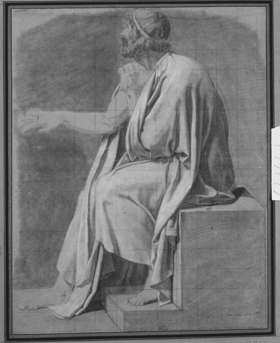 Crito, Jacques Louis David (French, Paris 1748–1825 Brussels), Black chalk, stumped, heightened with white chalk; squared in black chalk
