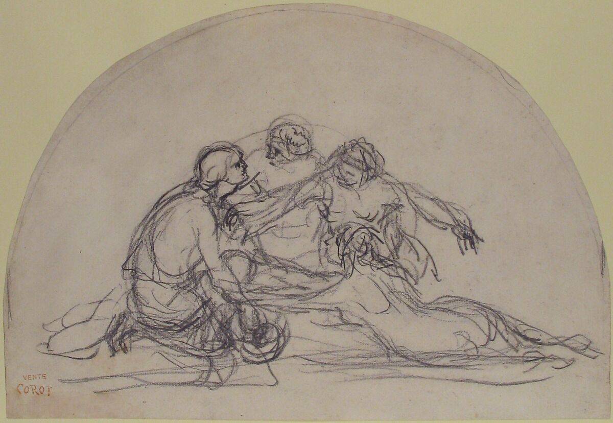 Three Nymphs and a Youth: study for a decorative lunette, Camille Corot (French, Paris 1796–1875 Paris), Black chalk and graphite on laid paper (trimmed in the shape of an arch)
