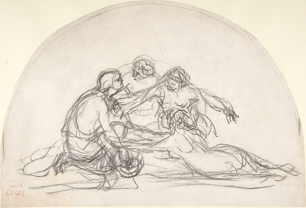 Three Nymphs and a Youth: study for a decorative lunette, Camille Corot (French, Paris 1796–1875 Paris), Black chalk and graphite on laid paper (trimmed in the shape of an arch) 