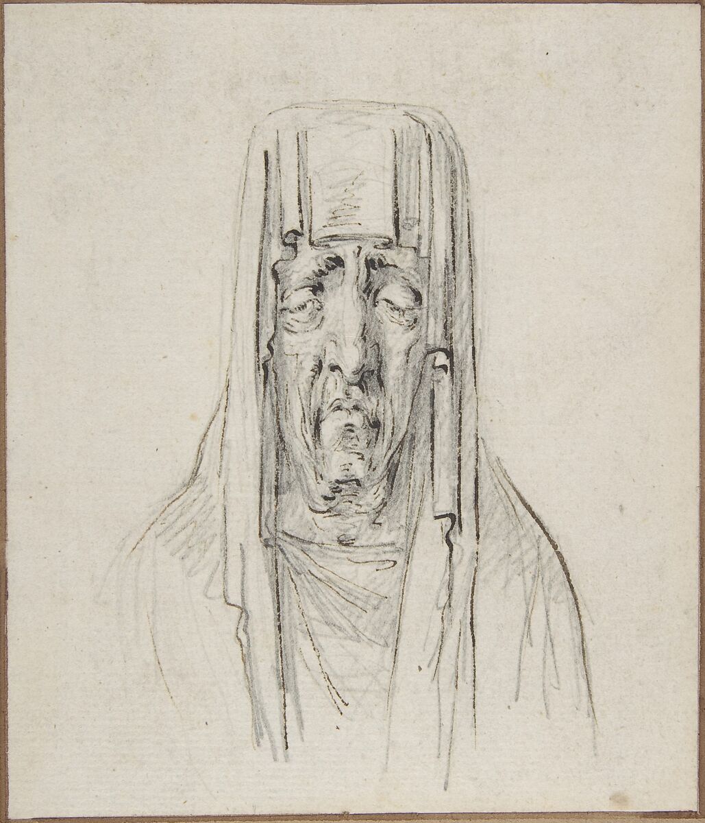 Male Head in a Hood, Baron Dominique Vivant Denon (French, Givry 1747–1825 Paris), Pen, brown ink over black chalk 
