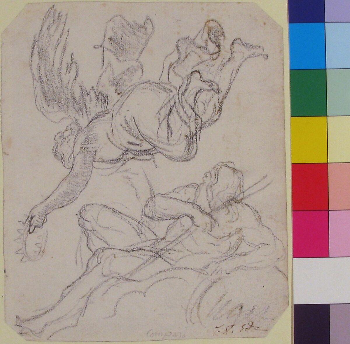 Flying Figure Holding a Crown, Reclining River God, Jacques Louis David (French, Paris 1748–1825 Brussels), Black chalk