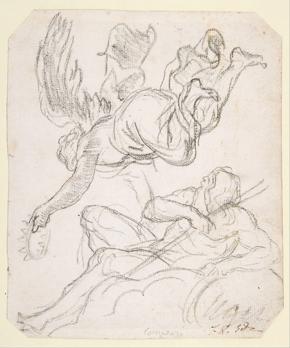 Flying Figure Holding a Crown, Reclining River God, Jacques Louis David (French, Paris 1748–1825 Brussels), Black chalk 