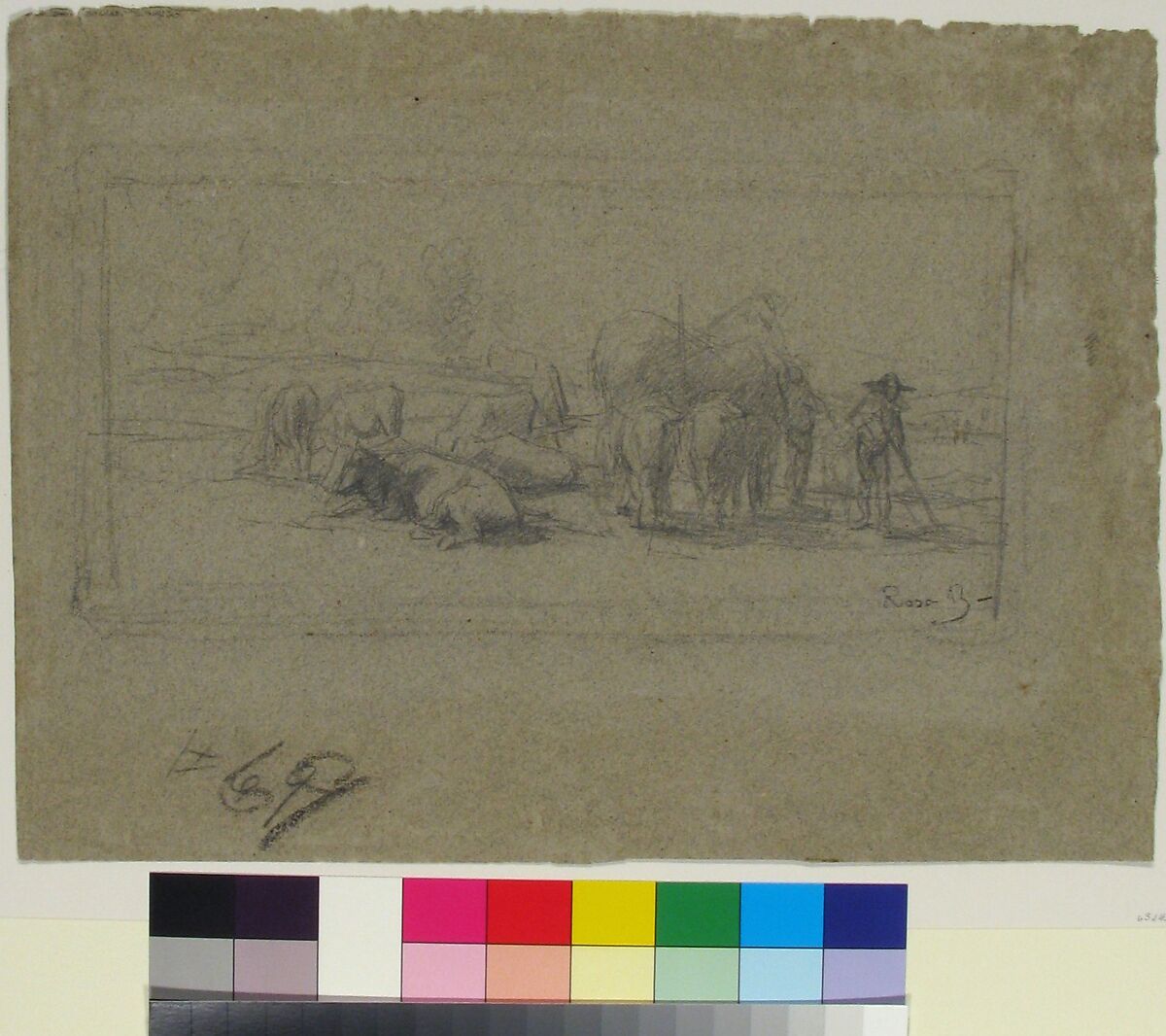 Landscape with Cattle, Rosa Bonheur (French, Bordeaux 1822–1899 Thomery), Graphite on blue paper faded to gray