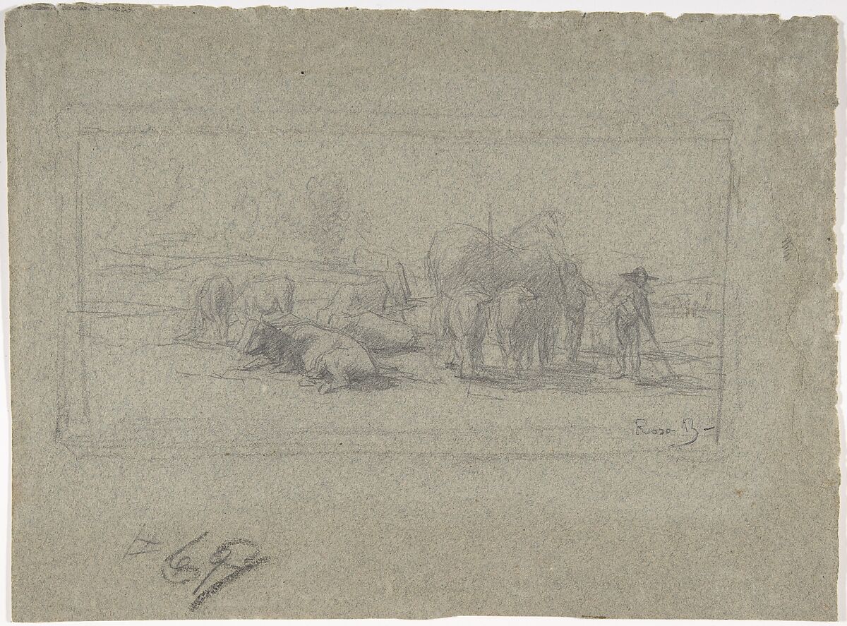 Landscape with Cattle, Rosa Bonheur (French, Bordeaux 1822–1899 Thomery), Graphite on blue paper faded to gray 