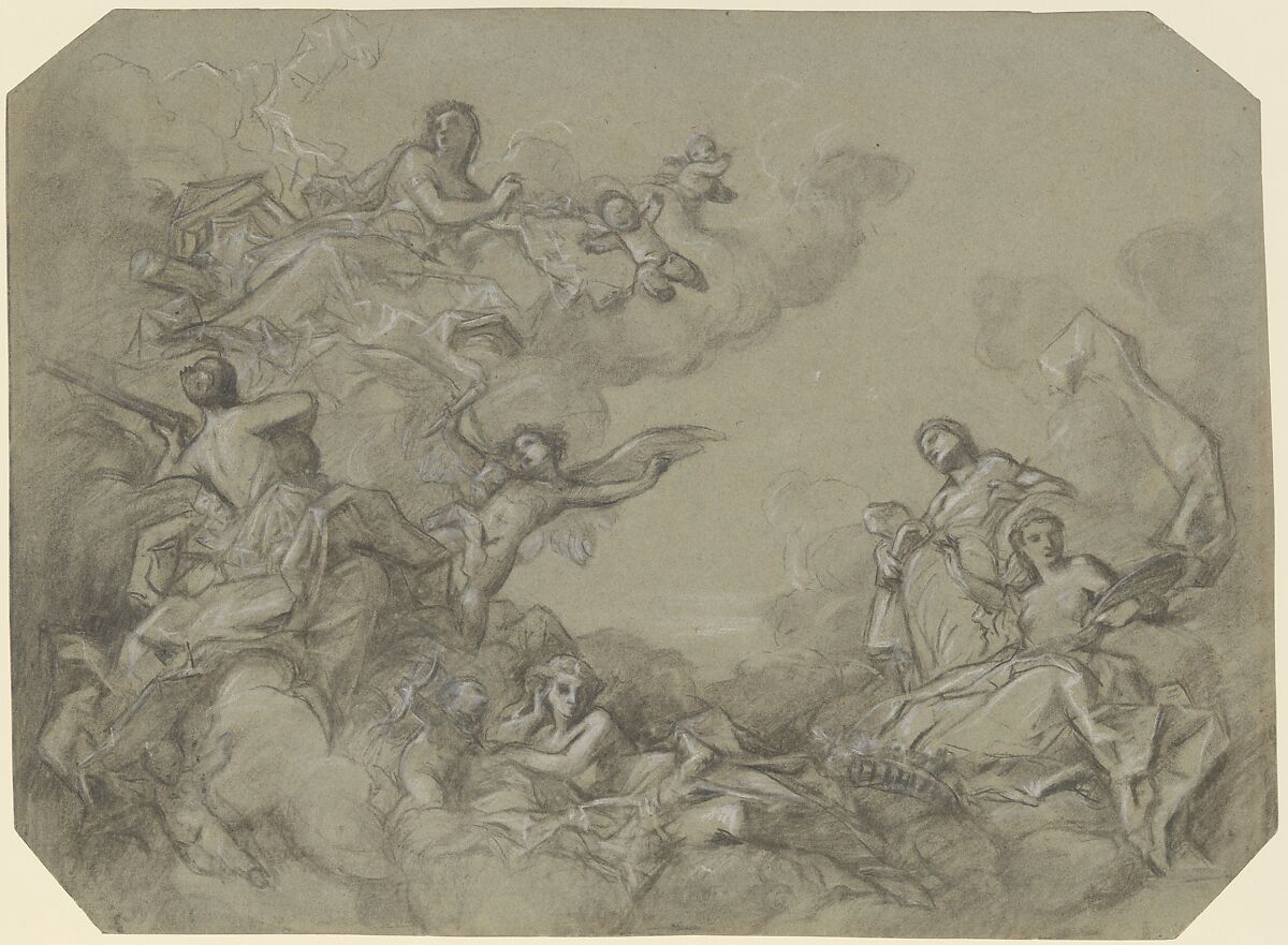 Study for a ceiling, Charles Joshua Chaplin (French, Andelys 1825–1891 Paris), Black and white chalk on blue paper 