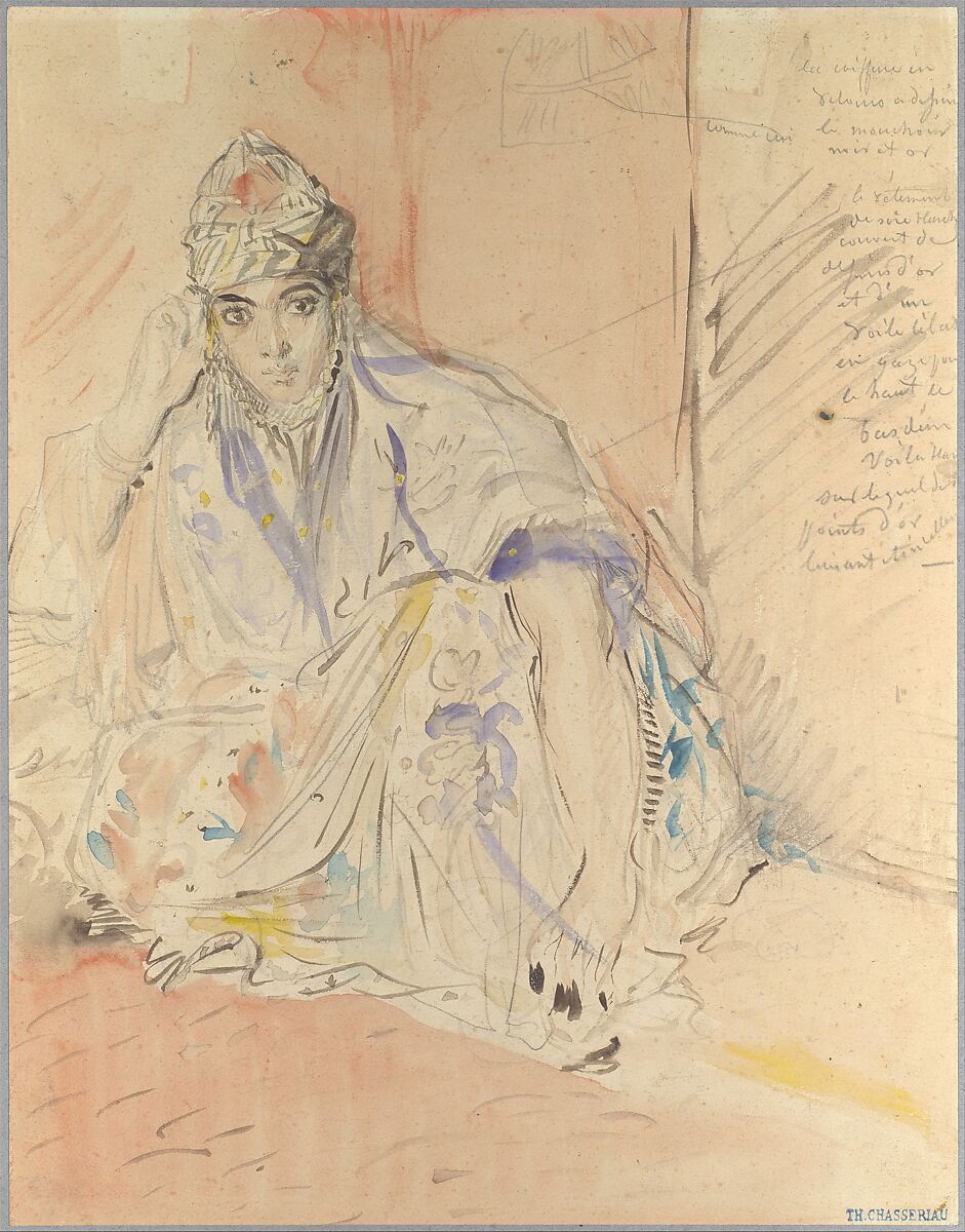 Jewish Woman of Algiers Seated on the Ground, Théodore Chassériau (French, Le Limon, Saint-Domingue, West Indies 1819–1856 Paris), Watercolor over graphite on wove paper (trimmed and laid down on blue wove paper) 