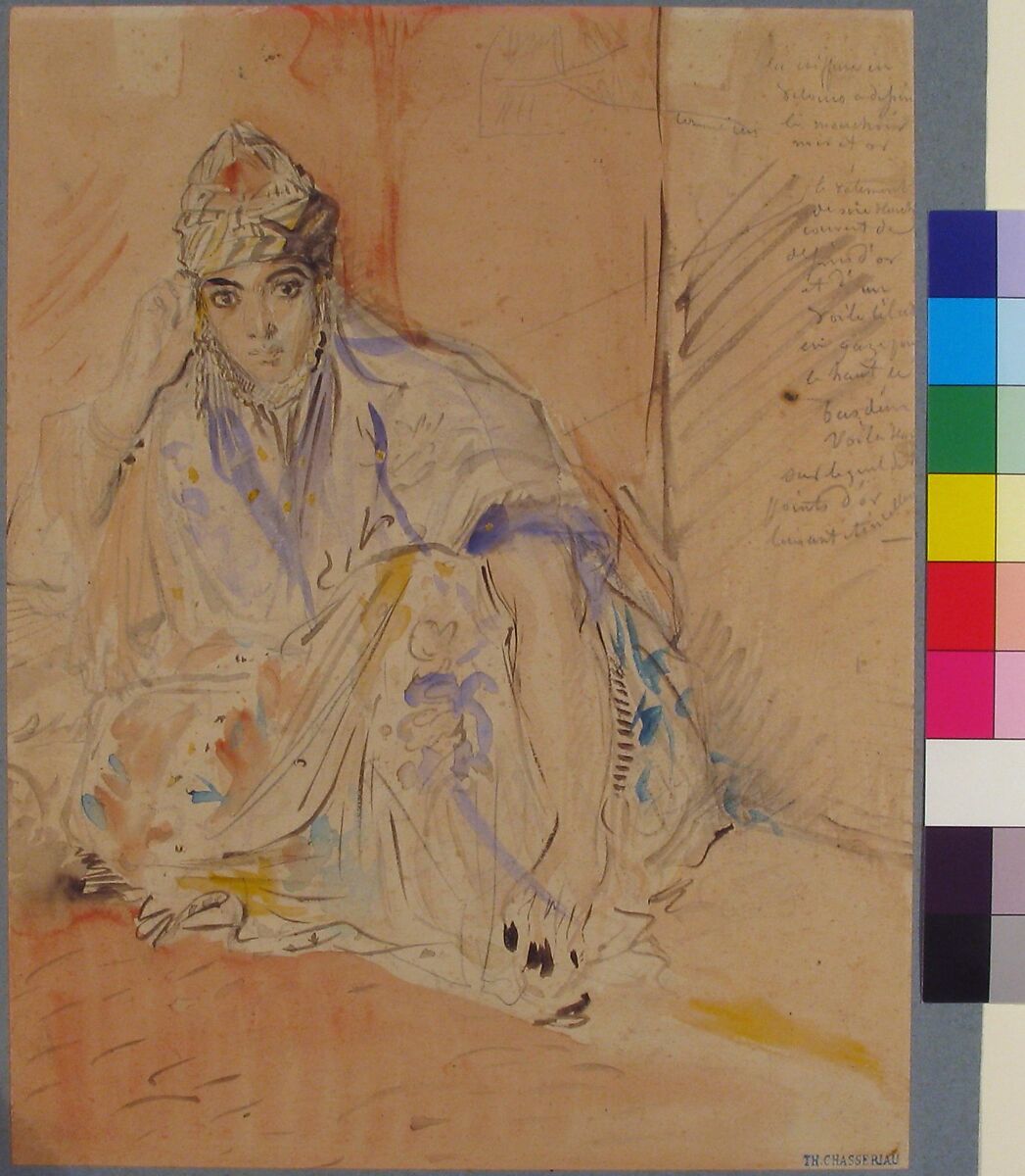 Jewish Woman of Algiers Seated on the Ground, Théodore Chassériau (French, Le Limon, Saint-Domingue, West Indies 1819–1856 Paris), Watercolor over graphite on wove paper (trimmed and laid down on blue wove paper)