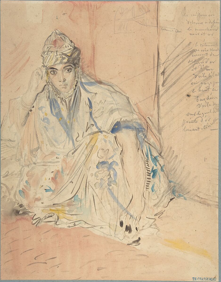 Jewish Woman of Algiers Seated on the Ground, Théodore Chassériau (French, Le Limon, Saint-Domingue, West Indies 1819–1856 Paris), Watercolor over graphite on wove paper (trimmed and laid down on blue wove paper)