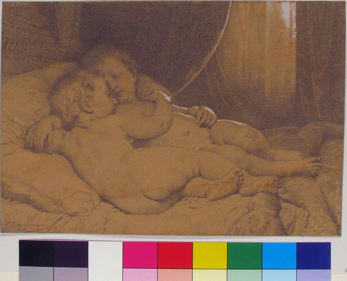 Two Sleeping Children, William Bouguereau (French, La Rochelle 1825–1905 La Rochelle), Black chalk, heightened with white chalk