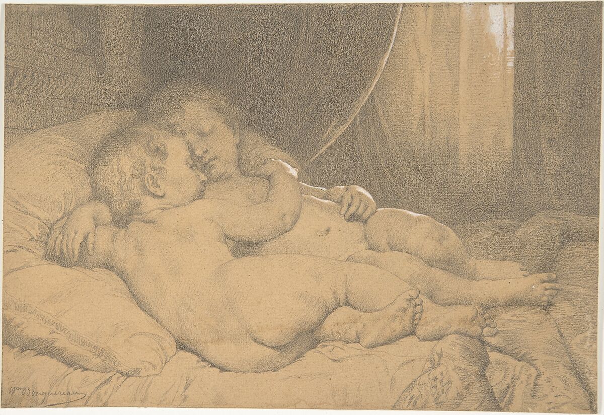 Two Sleeping Children, William Bouguereau (French, La Rochelle 1825–1905 La Rochelle), Black chalk, heightened with white chalk 