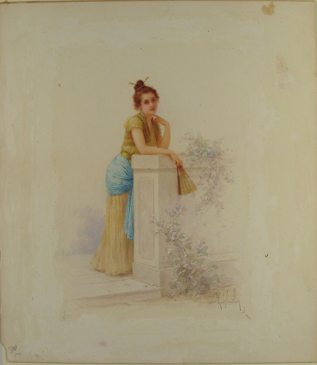 Lady with a Fan, Louis-Robert Cuvillon (French, born Paris 1848), Watercolor