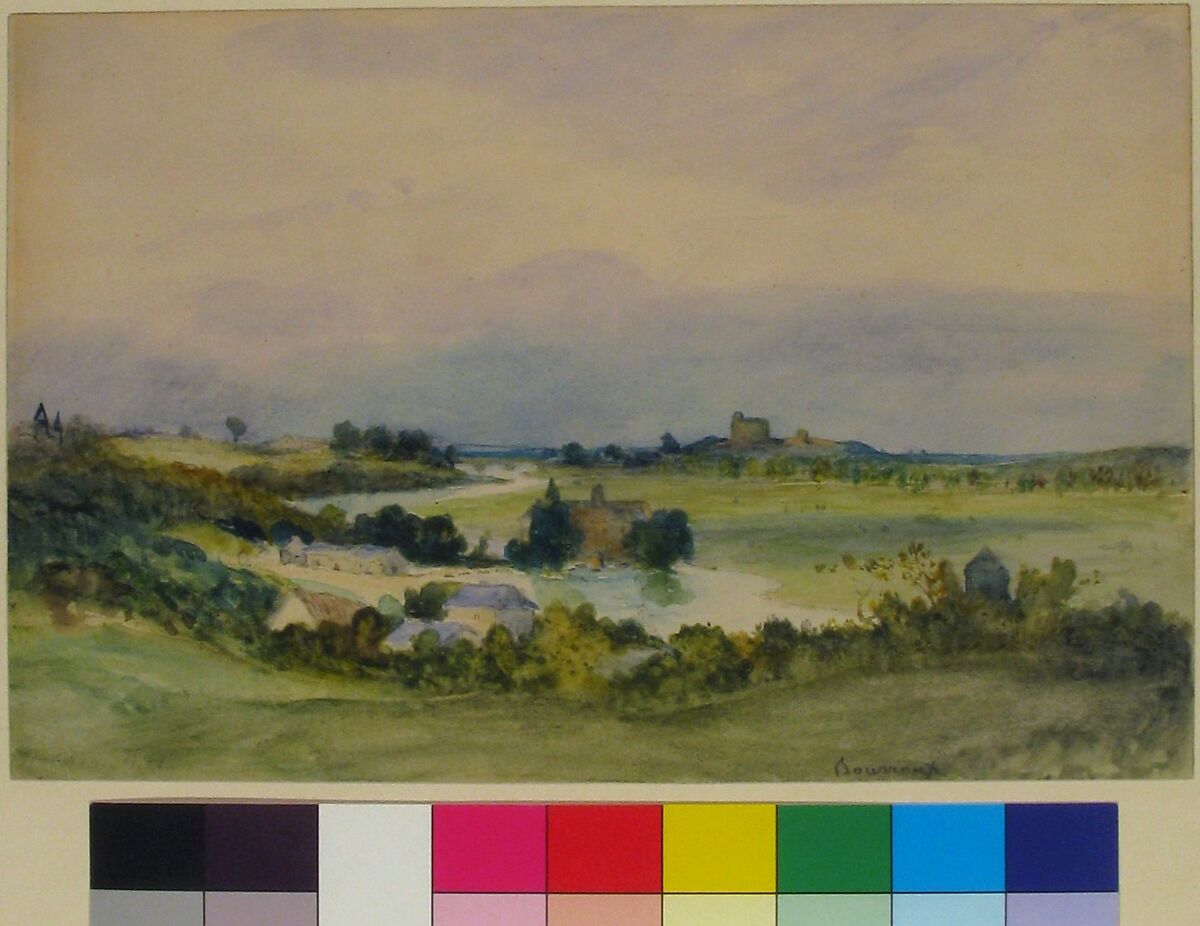 Extensive landscape prospect with a fortified building on hill in the background (recto); Study of a landscape and a female figure (verso), Antoine Chintreuil (1814–1873), Watercolor