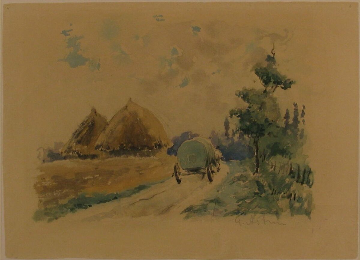 Landscape with Wagon and Haystacks, Zacharie Astruc (French, Angers 1833–1907 Paris), Watercolor