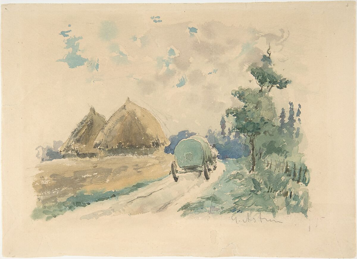 Landscape with Wagon and Haystacks, Zacharie Astruc (French, Angers 1833–1907 Paris), Watercolor 