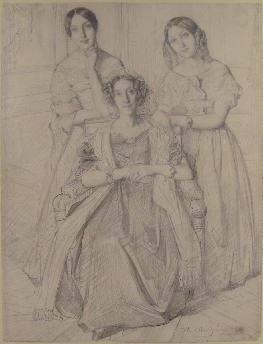The Baroness Duperré and Her Daughters, Théodore Chassériau (French, Le Limon, Saint-Domingue, West Indies 1819–1856 Paris), Graphite on wove paper