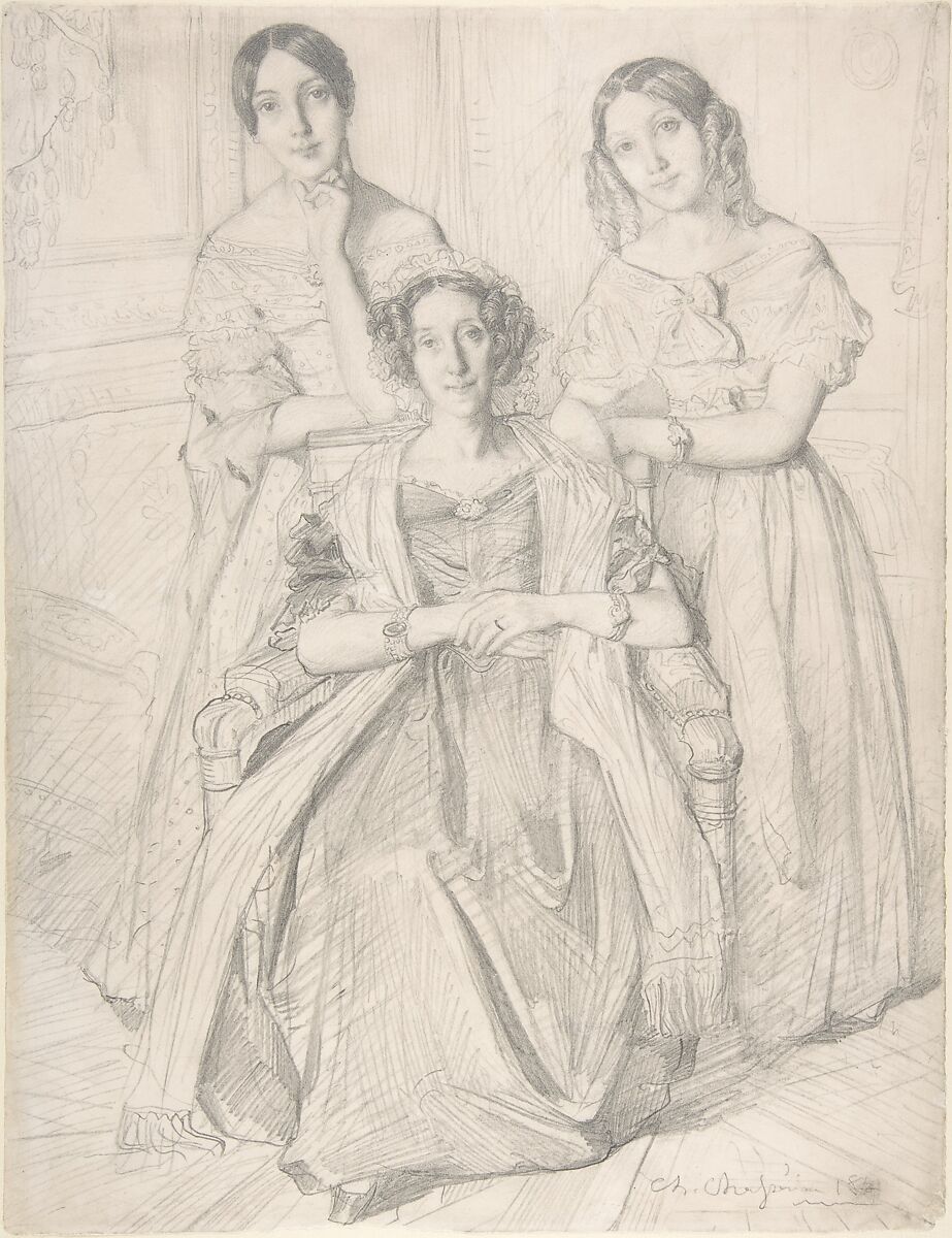 The Baroness Duperré and Her Daughters, Théodore Chassériau (French, Le Limon, Saint-Domingue, West Indies 1819–1856 Paris), Graphite on wove paper 