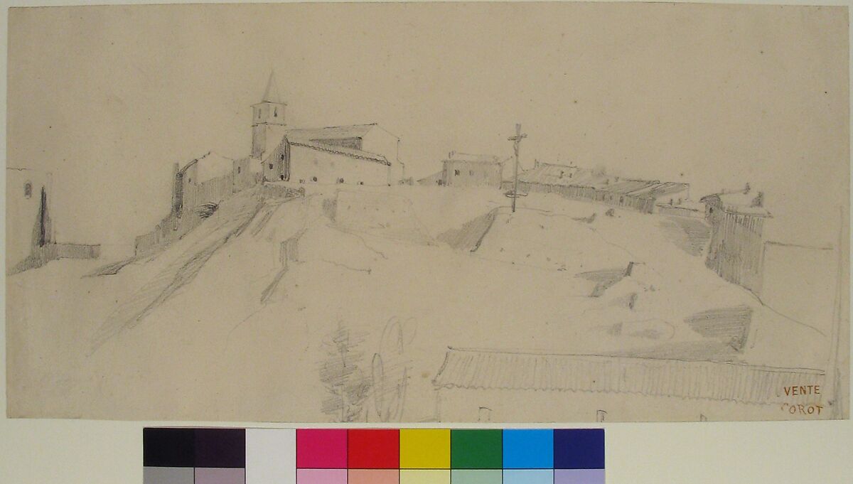 View of a Hill Town with a Crucifix, Camille Corot (French, Paris 1796–1875 Paris), Graphite on cream wove paper