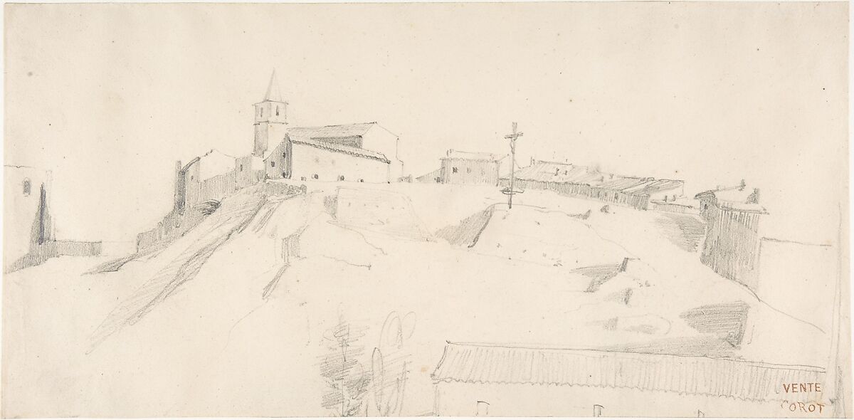 View of a Hill Town with a Crucifix, Camille Corot (French, Paris 1796–1875 Paris), Graphite on cream wove paper 