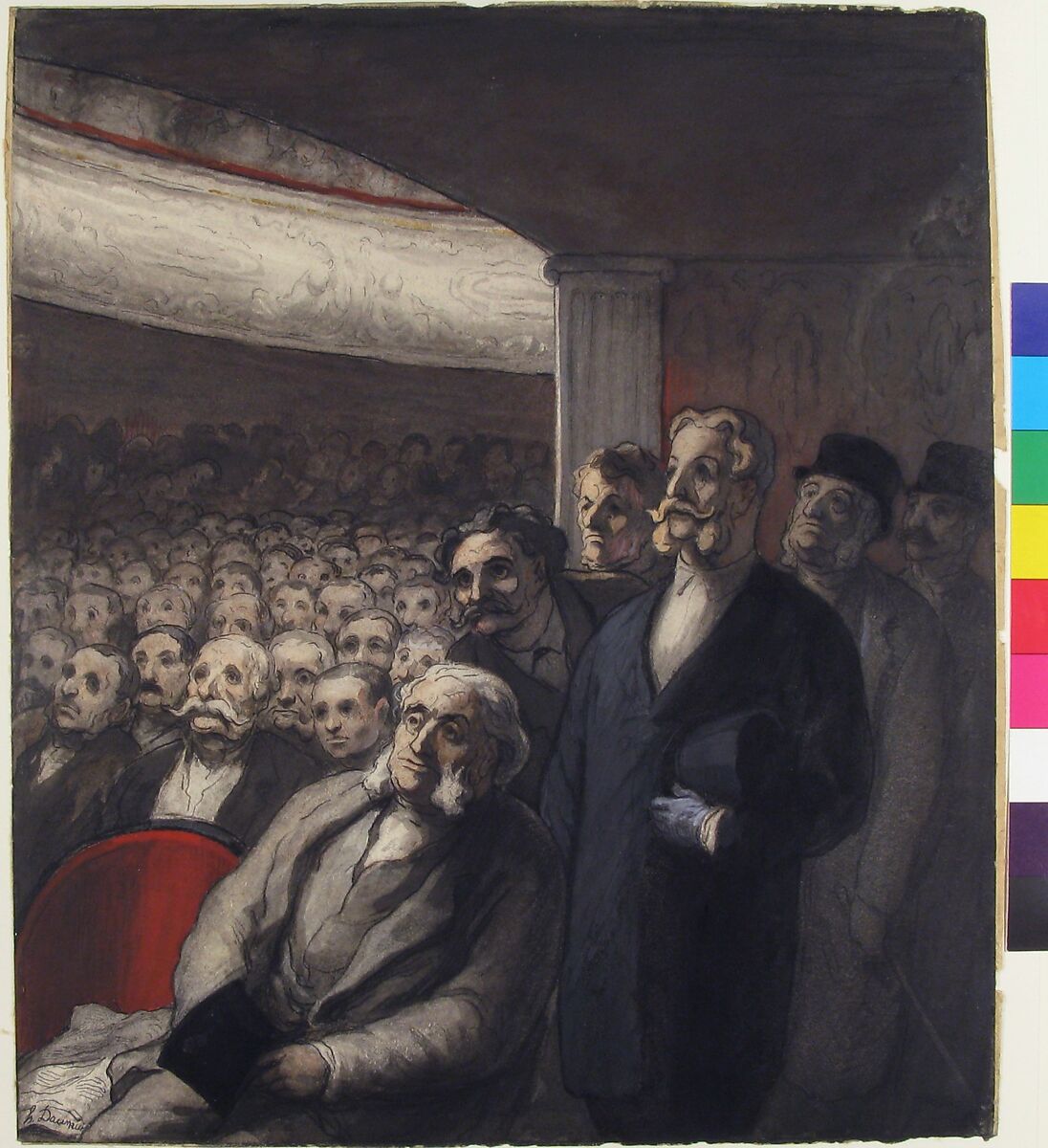 A Theater Audience, Honoré Daumier (French, Marseilles 1808–1879 Valmondois), Pen and black ink, gouache, and watercolor over black chalk