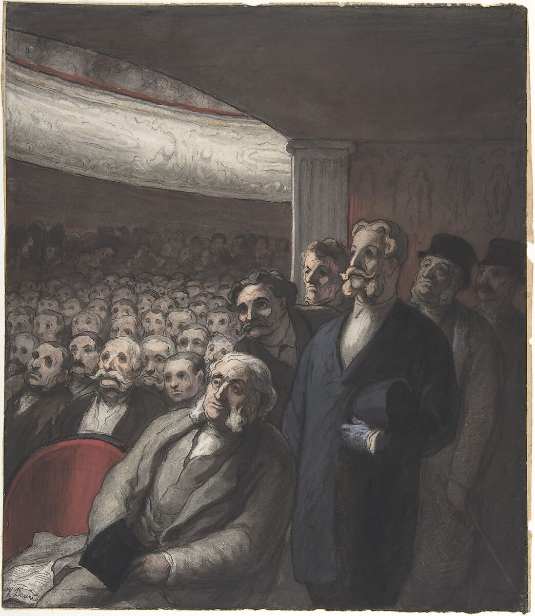 A Theater Audience, Honoré Daumier (French, Marseilles 1808–1879 Valmondois), Pen and black ink, gouache, and watercolor over black chalk 