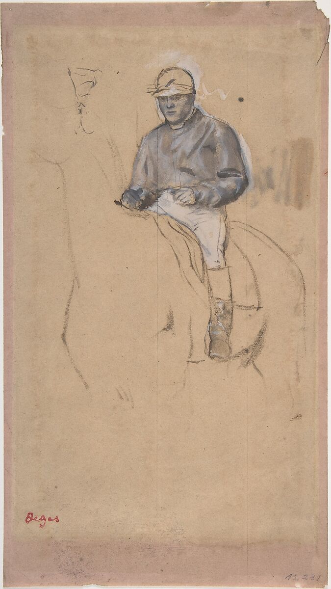 A Jockey on His Horse, Edgar Degas (French, Paris 1834–1917 Paris), Oil and graphite on faded pink paper 