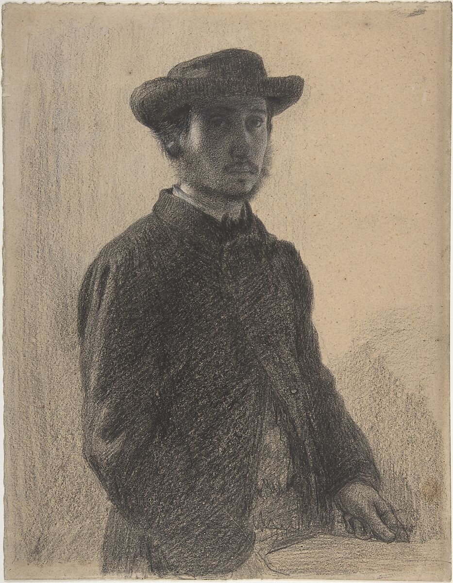 Self-Portrait, Edgar Degas (French, Paris 1834–1917 Paris), Black chalk and graphite, heightened with white on heavy beige wove paper 