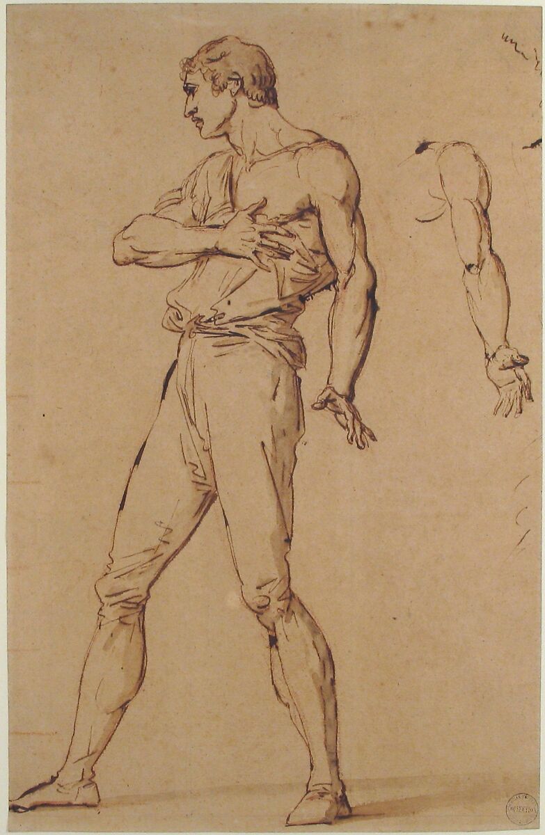 Standing Man with His Right Hand on His Chest, François André Vincent (French, Paris 1746–1816 Paris), Pen and brown ink, brush and brown wash, over red chalk on tan paper. Traces of squaring in graphite and red chalk.