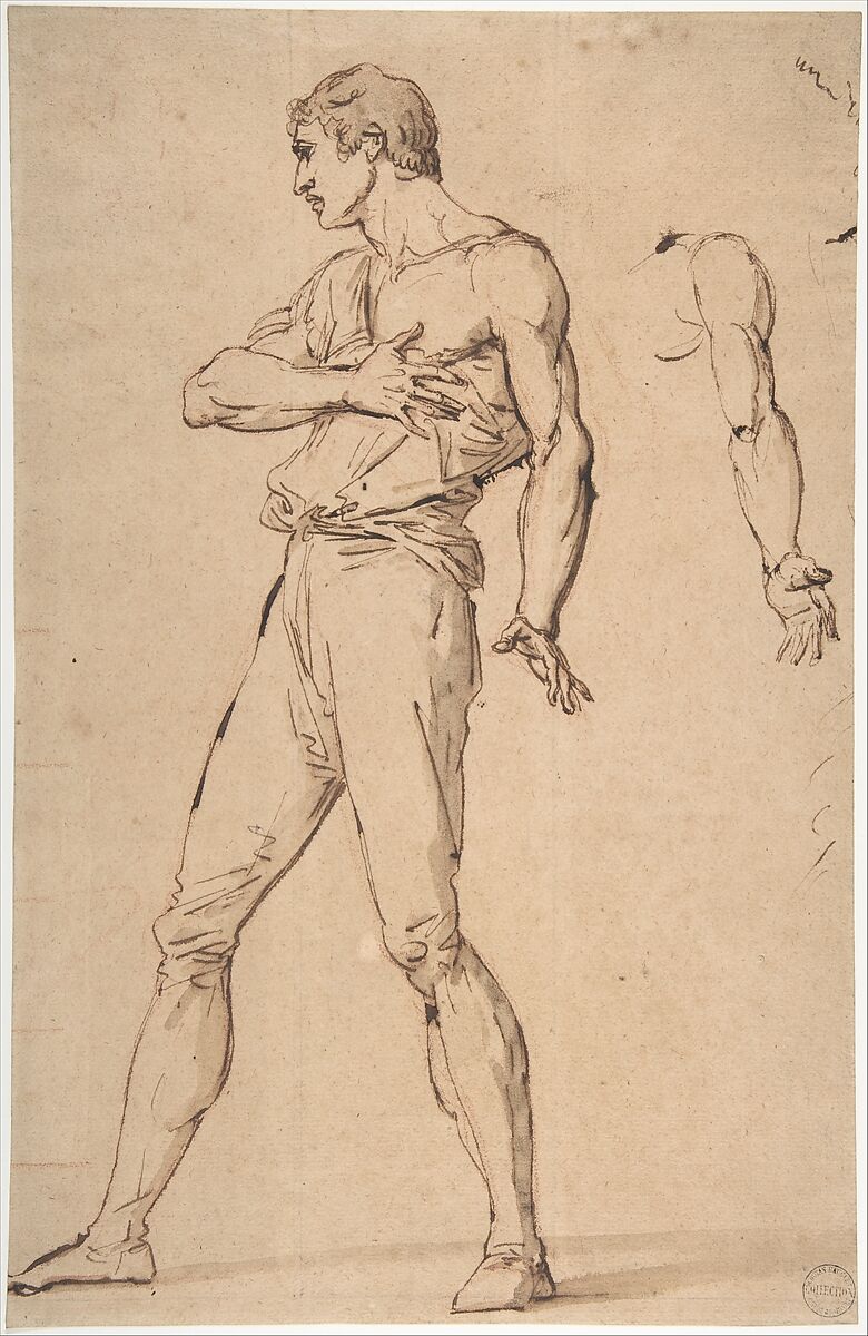 Standing Man with His Right Hand on His Chest, François André Vincent (French, Paris 1746–1816 Paris), Pen and brown ink, brush and brown wash, over red chalk on tan paper. Traces of squaring in graphite and red chalk. 