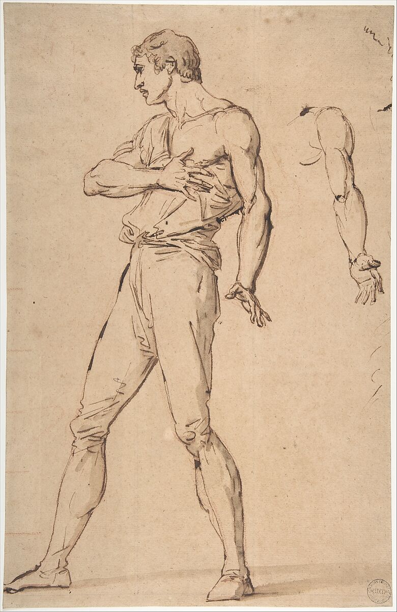 Standing Man with His Right Hand on His Chest, François André Vincent  French, Pen and brown ink, brush and brown wash, over red chalk on tan paper. Traces of squaring in graphite and red chalk.