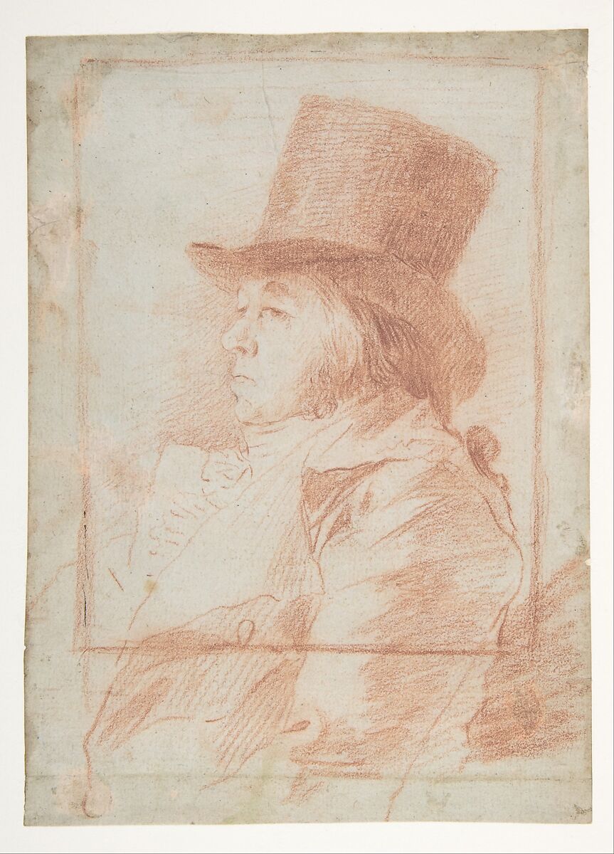 Self-Portrait; wearing a top hat facing left within a drawn frame (recto); two studies of his face (verso), Goya (Francisco de Goya y Lucientes) (Spanish, Fuendetodos 1746–1828 Bordeaux), Red chalk (recto), pen and ink and red chalk (verso) on laid paper 