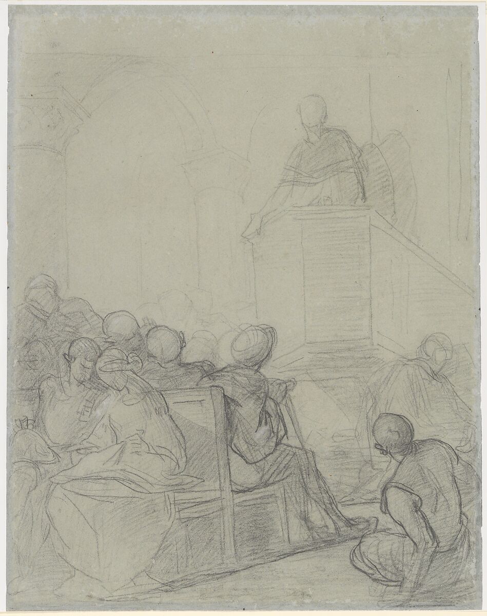 Interior of a Church, Thomas Couture (French, Senlis 1815–1879 Villiers-le-Bel), Black chalk, heightened with white 