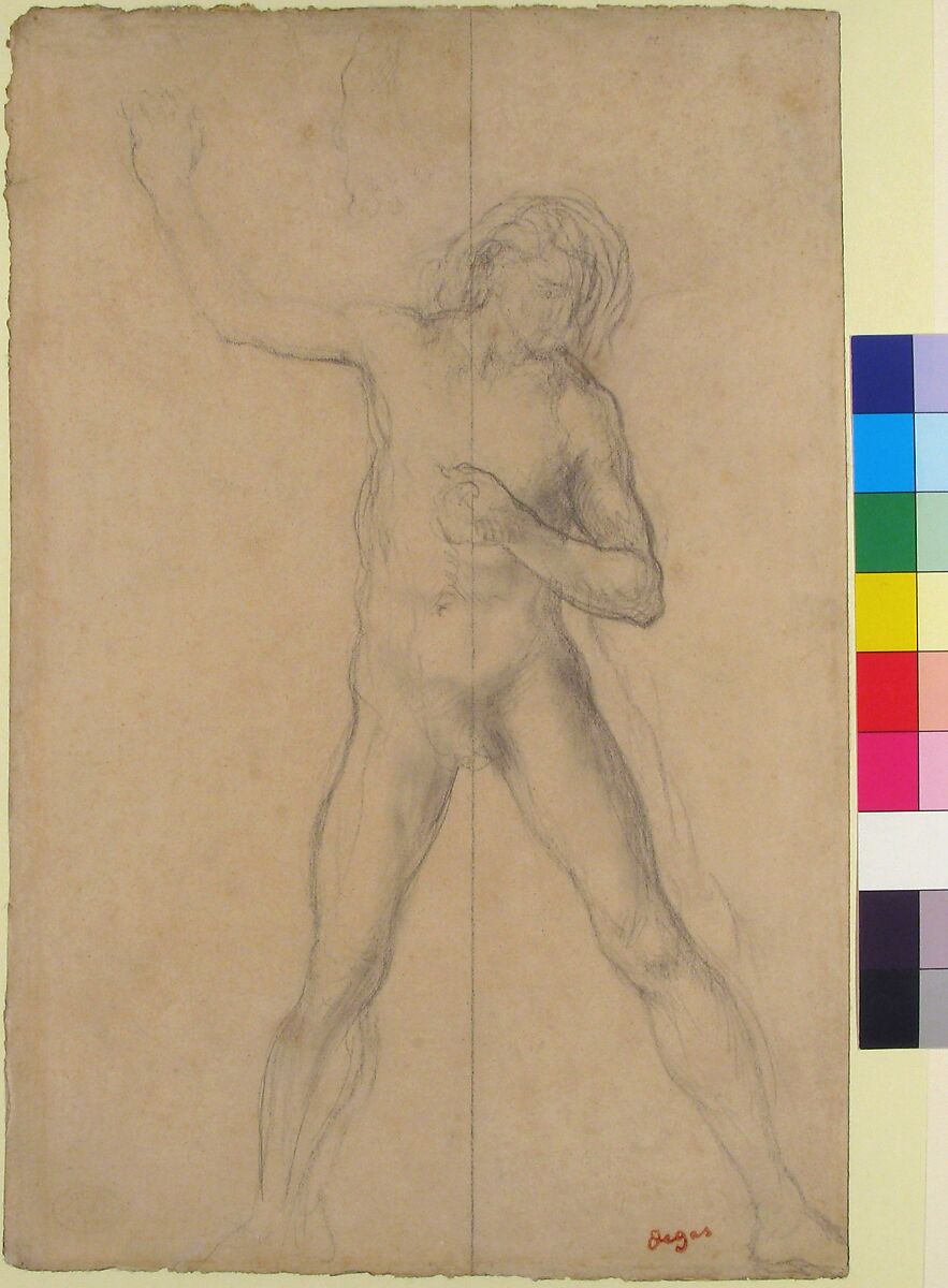 Standing Nude Youth, with right arm raised, Edgar Degas (French, Paris 1834–1917 Paris), Graphite (partially rubbed) on wove paper