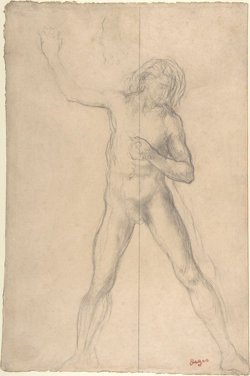 Standing Nude Youth, with right arm raised, Edgar Degas (French, Paris 1834–1917 Paris), Graphite (partially rubbed) on wove paper 