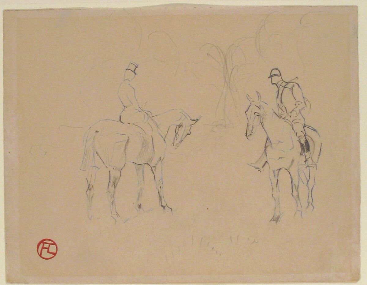 A Woman and a Man on Horseback, Henri de Toulouse-Lautrec (French, Albi 1864–1901 Saint-André-du-Bois), Blue crayon, graphite