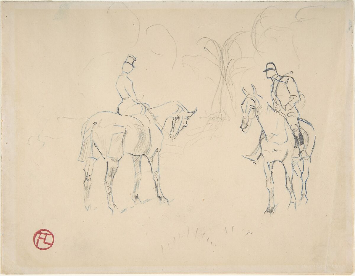 A Woman and a Man on Horseback, Henri de Toulouse-Lautrec (French, Albi 1864–1901 Saint-André-du-Bois), Blue crayon, graphite 