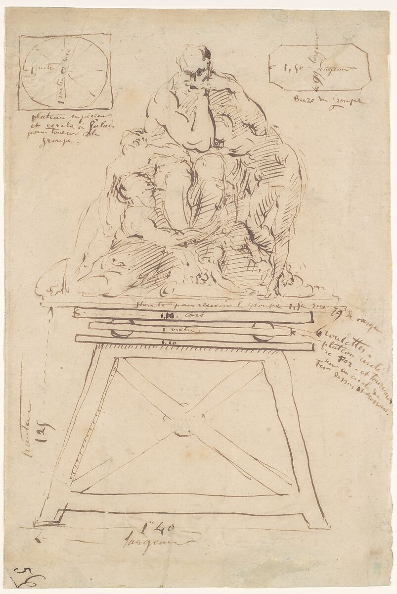 Study for the modeling stand of the Ugolino group, Jean-Baptiste Carpeaux (French, Valenciennes 1827–1875 Courbevoie), Pen and brown ink