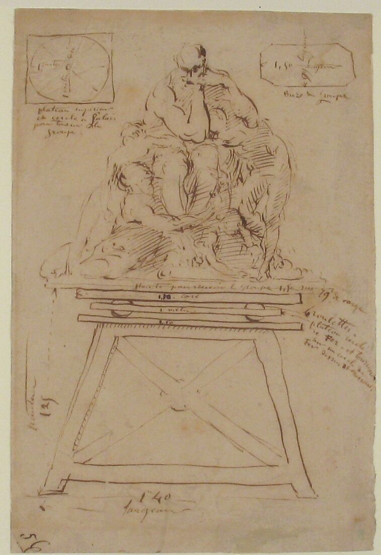 Study for the modeling stand of the Ugolino group, Jean-Baptiste Carpeaux (French, Valenciennes 1827–1875 Courbevoie), Pen and brown ink