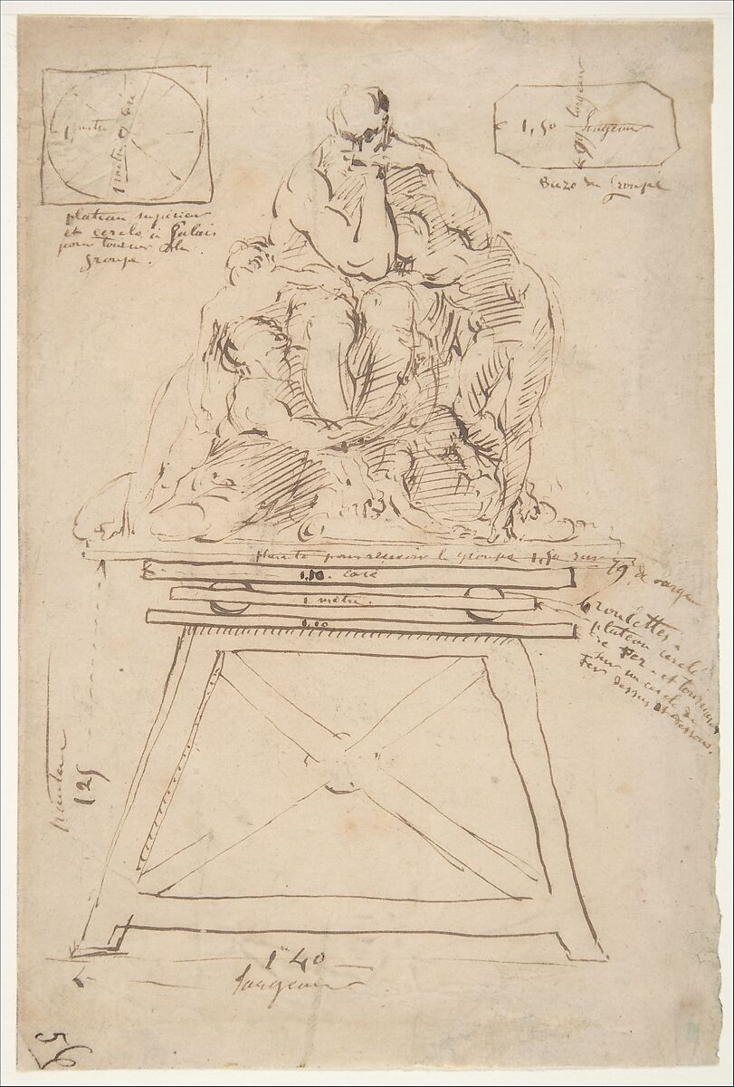 Study for the modeling stand of the Ugolino group, Jean-Baptiste Carpeaux  French, Pen and brown ink