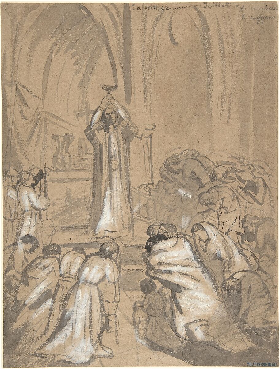 Mass, Théodore Chassériau (French, Le Limon, Saint-Domingue, West Indies 1819–1856 Paris), Brush, ink and gray wash, heightened with white over graphite on beige laid paper 