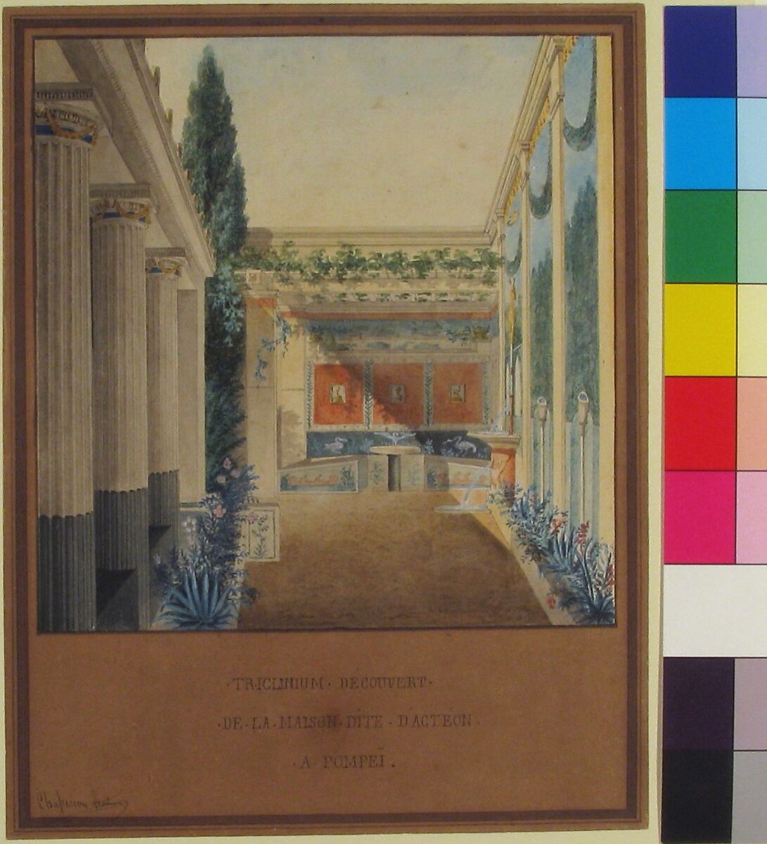 Triclinium, Excavated in the House of Actaeon, Pompeii, Charles Frédéric Chassériau (French, Port-au-Prince, Haiti (Saint-Dominigue) 1802–1896 Vars-sur-Roseix), Pen and black ink; watercolor