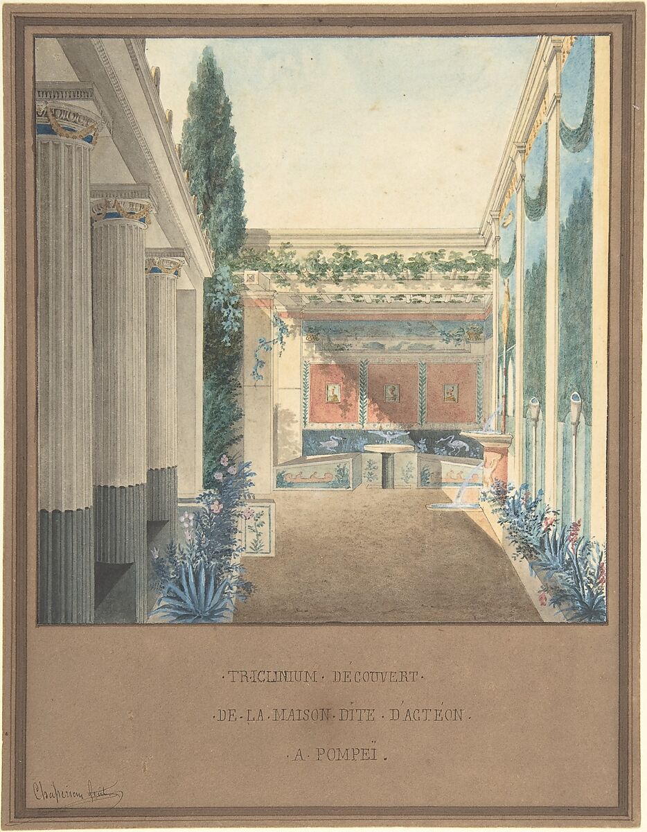 Triclinium, Excavated in the House of Actaeon, Pompeii, Charles Frédéric Chassériau (French, Port-au-Prince, Haiti (Saint-Dominigue) 1802–1896 Vars-sur-Roseix), Pen and black ink; watercolor 