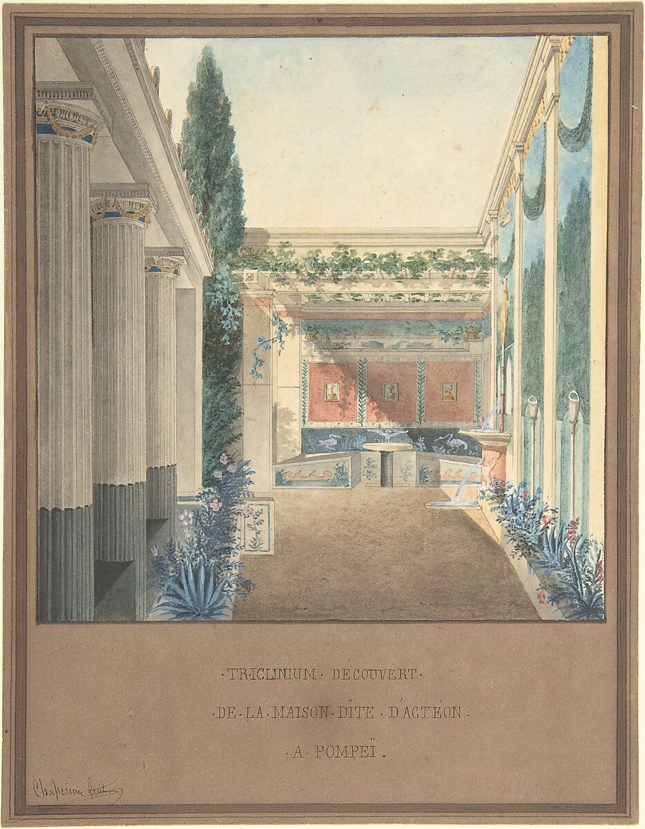 Triclinium, Excavated in the House of Actaeon, Pompeii, Charles Frédéric Chassériau  French, Pen and black ink; watercolor