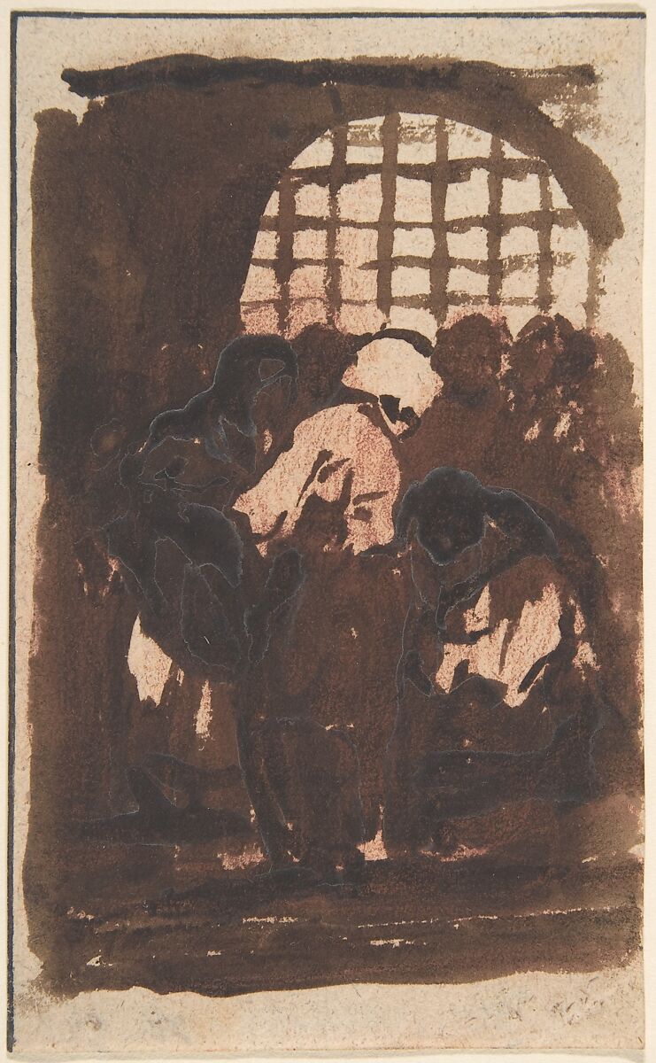Figures inside a prison (recto), a monstrous animal (verso), Imitator of Goya (Francisco de Goya y Lucientes) (Spanish, Fuendetodos 1746–1828 Bordeaux), Brush with brown, black wash over red chalk on wove paper 